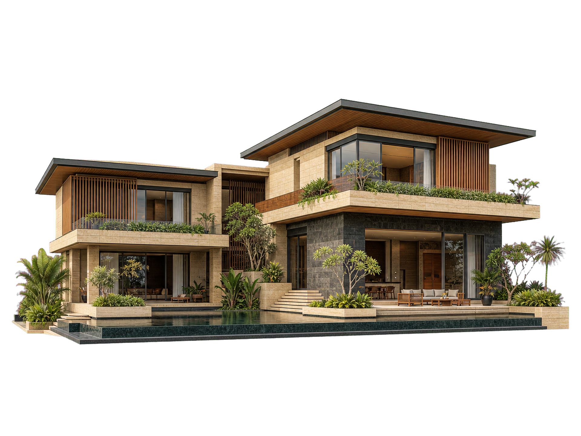 Modern building with flowering vines beside a rectangular swimming pool and palm trees.